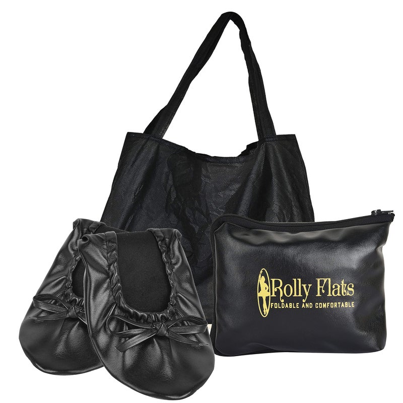 Rolly Flats Women's Foldable Flats â€“ Portable Ballet Slippers Shoes for Travel, Wedding â€“ Fits in Purse with Expandable Tote Bag (M, Black) - Image 1